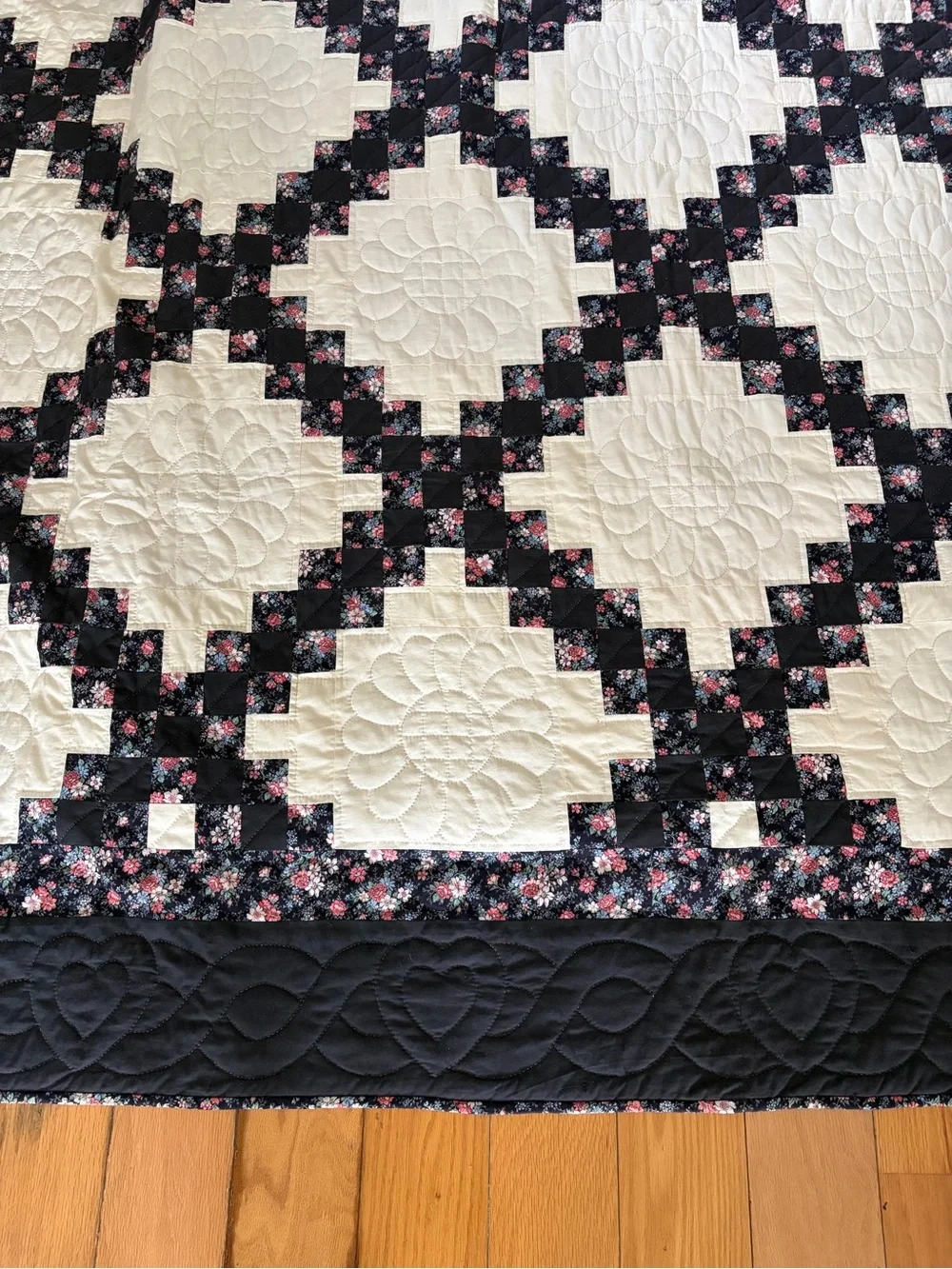 King Size Nine Patch/Irish Chain Quilt in Cream and Black Floral